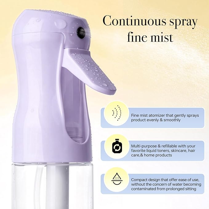 3Pcs Continuous Spray Bottles For Hair,Ultra Fine Mister for Hair Styling, Plants, Cleaning, Salon, Misting & Skin Care（200ml/6.8oz Green+Pink+Purple）