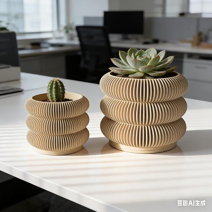 Fabix 4.7/6" 3D Printed Plant Pots - Unique Bubble Ring Modern Planters for Indoor Plants, Durable -Friendly PLA Flower Pots with Drainage for Succulents, Cactus, Home Office Décor. (Wood)