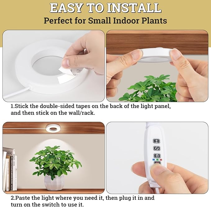 Ceiling Grow Lights for Indoor Plants, 48 LEDs Full Spectrum Halo LED Plant Light, with 3/9/12H Auto Timer Switch, 3 Colors,10 Dimming, Plant Lights for Small Plants, 1 Head