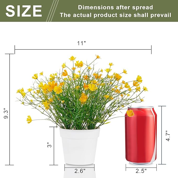 Babys Breath Potted Fake Plants with Flowers Faux Plants Indoor for Home Office Bookshelf Table Farmhouse Room Decor, Yellow (Pack of 2)
