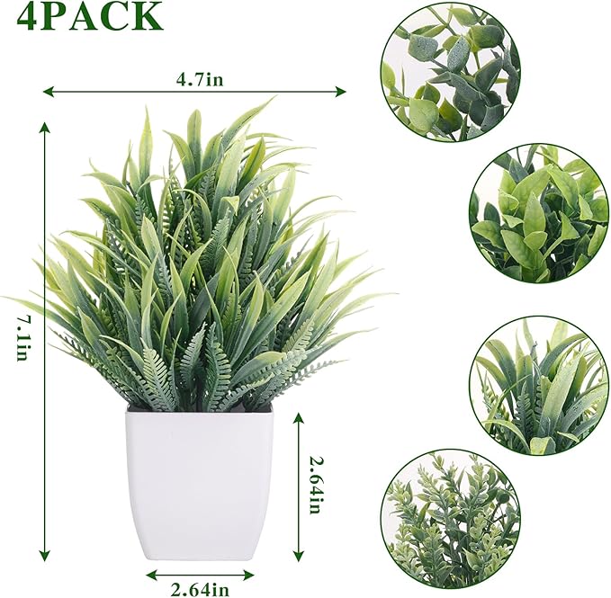 CEWOR Fake Plants 4 Packs Small Artificial Plants Mini White Potted Greenery Bathroom Accessories Decorations for Desk Bathroom Office Home Room Kitchen Table Decor Indoor