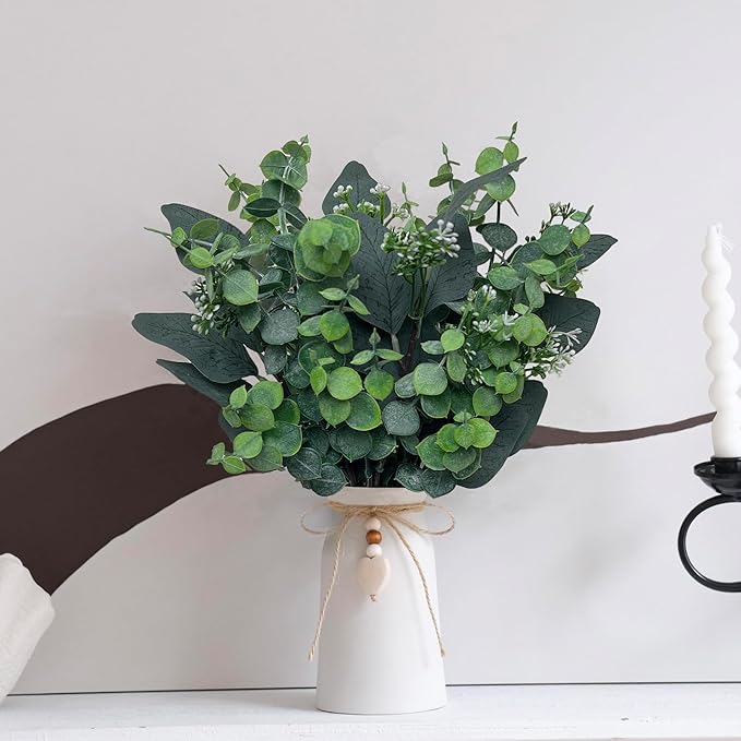 Artificial Silver Dollar Eucalyptus Stems in Vase, Rustic Farmhouse Greenery, Faux Eucalyptus Picks with Baby Eucalyptus & Wooden Heart for Home Décor, Weddings, Bouquets, and Table Centerpieces
