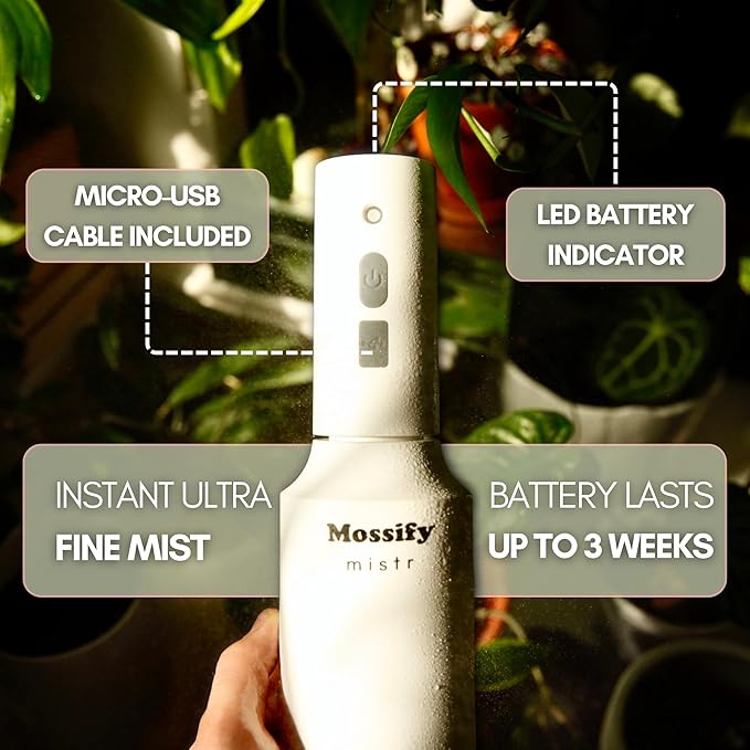 Mossify Mistr Electric Plant Mister – Battery Powered Sprayer, Automatic Spray Bottle for Houseplants, Adjustable Outdoor & Indoor Plant Mister, USB Rechargeable Electric Sprayer & Hands-Free Watering