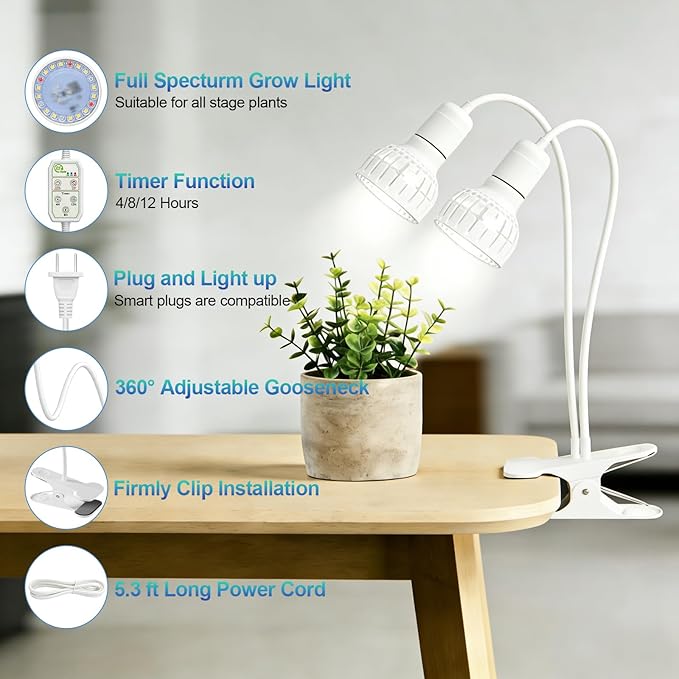 LED Grow Light, Dual-Head 5000K White Full Spectrum Clip-on Gooseneck Plant Lamp for Indoor Desk Plants Growing with 4/8/12H Timer, Bulb Replacement & Smart Plug Compatible (24W Equivalent 160W)