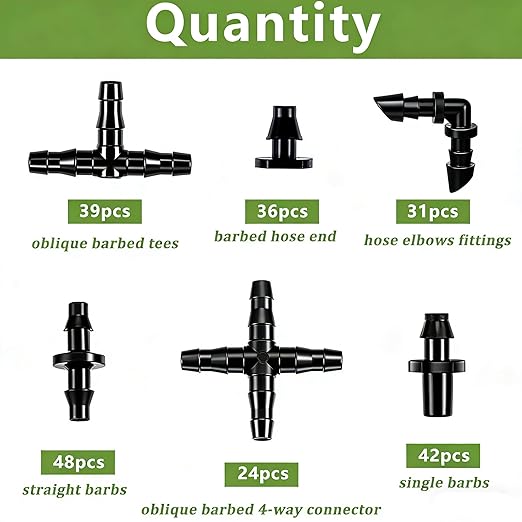 Dianrui 220 PCS Drip Irrigation Kit, Drip Irrigation Parts 1/4'' Tubing Fittings Kit for Garden Lawn Flower Sprinkler Systems-End Plug/ 4-Way Connector/Single barbs/Straight Barbs/Oblique Barbed Tees