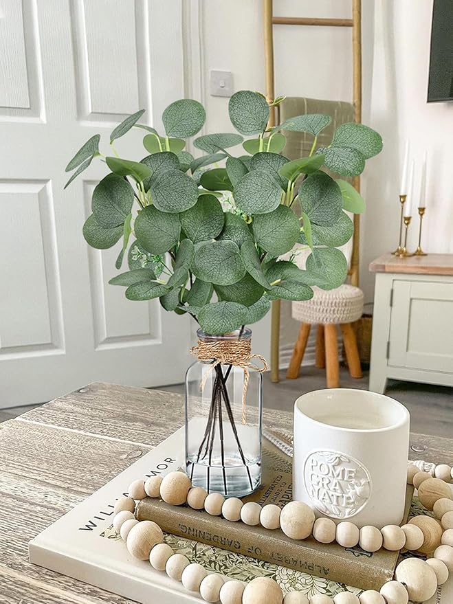 Bessol Artificial Eucalyptus Stems in Glass Vase 14" 6Pcs Faux Eucalyptus Branches Home Table Decor Fake Greenery Plants Stems for Farmhouse Wedding Centerpiece Bathroom Decorations