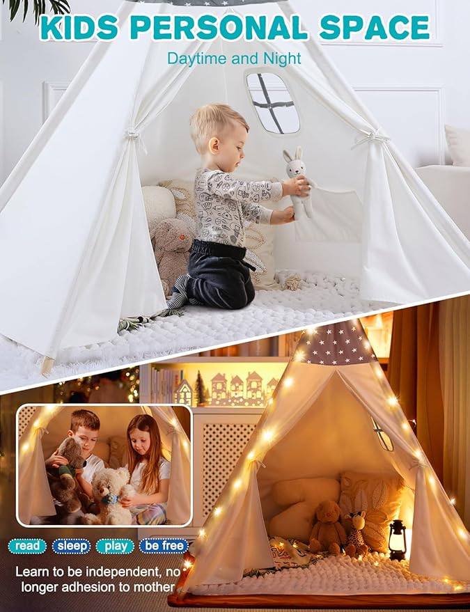 Sumbababy Teepee Tent for Kids, Cotton Canvas Indoor Play Tent, Foldable Toddler Sleepover Tents for Girls & Boys Slumber Party, Washable Gift Set with Star Lights, Banner & Carry Bag, Stars Design