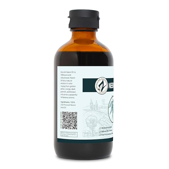 Zatural 100% Pure Neem Seed Oil GLASS Bottle | Cold Pressed, Undiluted Natural Oil for Skin Conditioning, Hair Moisture & Botanical Blending (8 Fl Oz Glass Bottle)