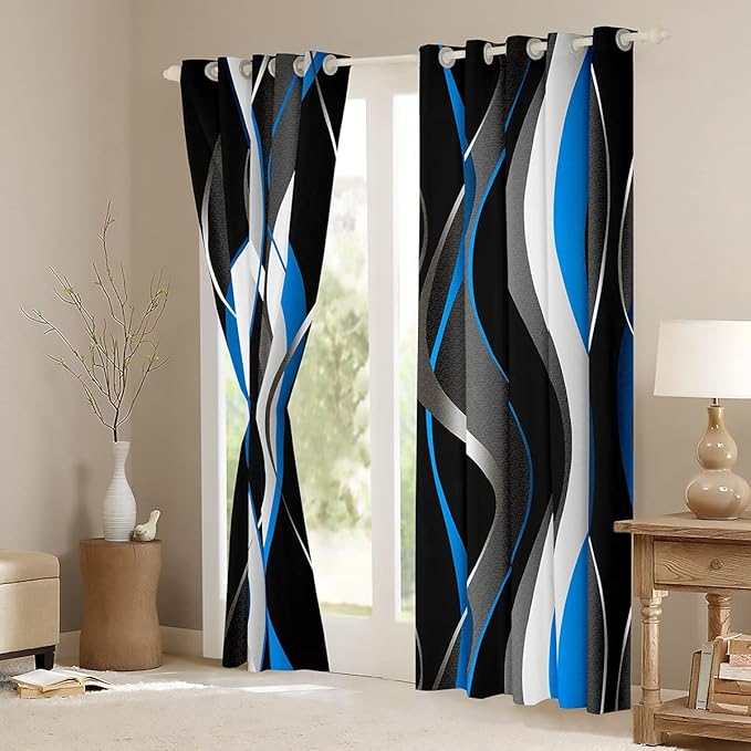 Feelyou Blue Black Curtains Geometric Spiral Pattern Window Drapes for Kids Boys Girls Modern Abstract Blackout Curtain Grey White Window Treatments 52W X 90L，2 Panels