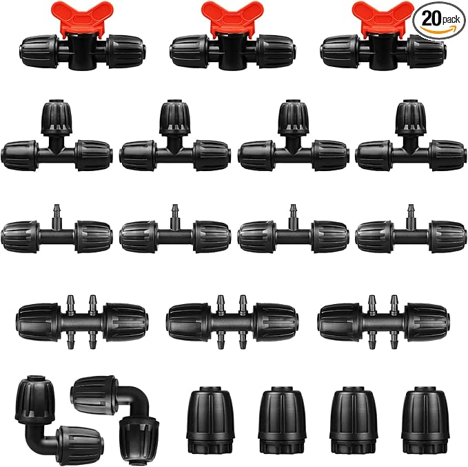 Drip Irrigation Fittings Kit for 1/2 Inch Drip Tubing, 20 Pieces Set 1/2'' Drip Line Anti-Drop Barbed Locked Nut Connectors - 4 Tees 4 End Caps 3 Valves 2 Elbows 7 Reducing Tee Connectors