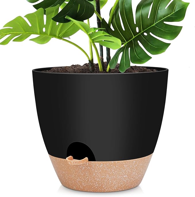 YNNICO 12 inch Large Self Watering Plant Pots, Flower Pots Planters with Multi Mesh Drainage Holes for Indoor Outdoor Garden Plants and Flowers.（Black）