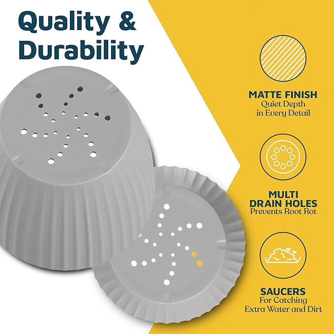 Gray 6-Inch Plant Pots with Drainage & Saucers 6 Pack, Indoor & Outdoor Planters for Houseplants, Herbs, and Flowers, Durable & Weatherproof Material, Stackable, Lightweight, Minimalist Design