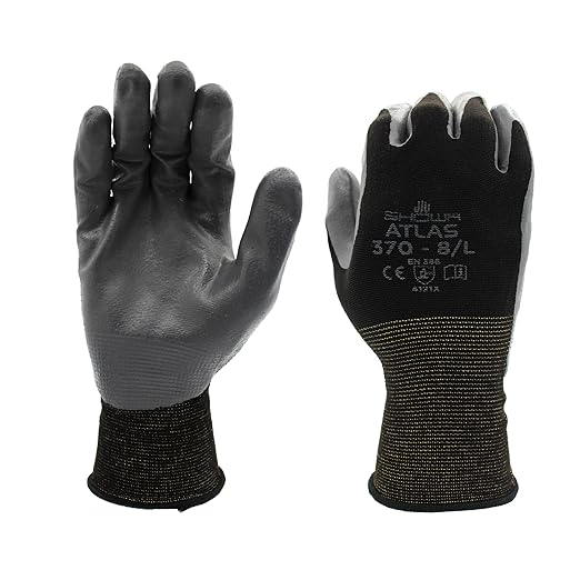 SHOWA Atlas 370B Professional Nitrile Work Gloves, Breathable High-Dexterity Precision Grip for Landscaping, Gardening & Assembly, General Purpose Gloves, Black, Medium, 12-Pack
