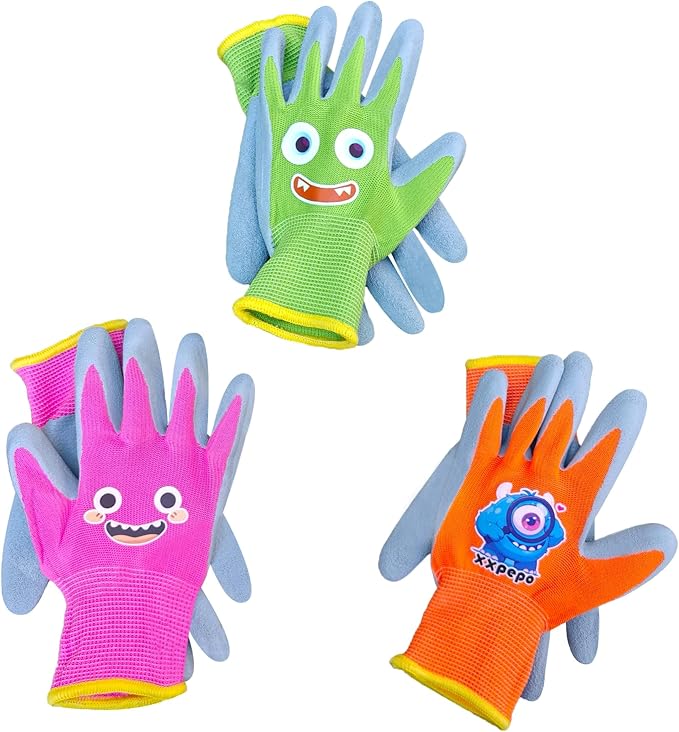 3 Pairs Kids Gardening Gloves. Children Rubber Coated Garden Gloves, Kids & Toddler Outdoor Work Gloves For Age 3-12.