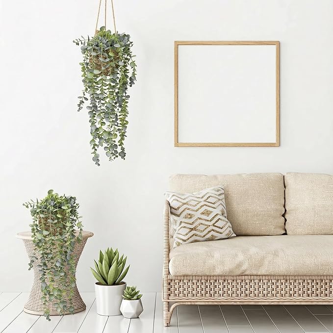 Artificial Hanging Plants in Woven Basket for Wall Decor, Indoor Greenery Full Fake Eucalyptus Leaves, Farmhouse Boho Rustic Home Decoration 1PCS