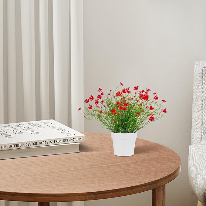 Artificial Babys Breath Potted Fake Plants with Flowers Faux Plants Indoor for Home Office Bookshelf Table Room Decor (Red)