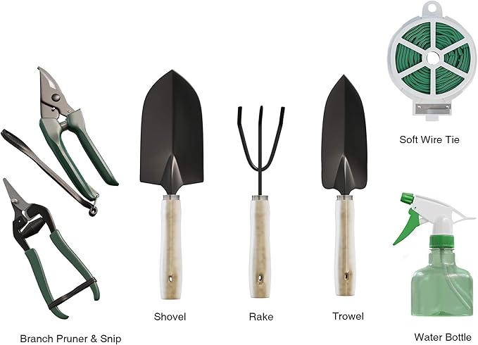 8-Piece Garden Hand Tool Set - Canvas Tote Gardening Tool Kit with Snip, Pruner, Rake, Trowel, Shovel, Spray Bottle, and Soft Wire Tie by Pure Garden