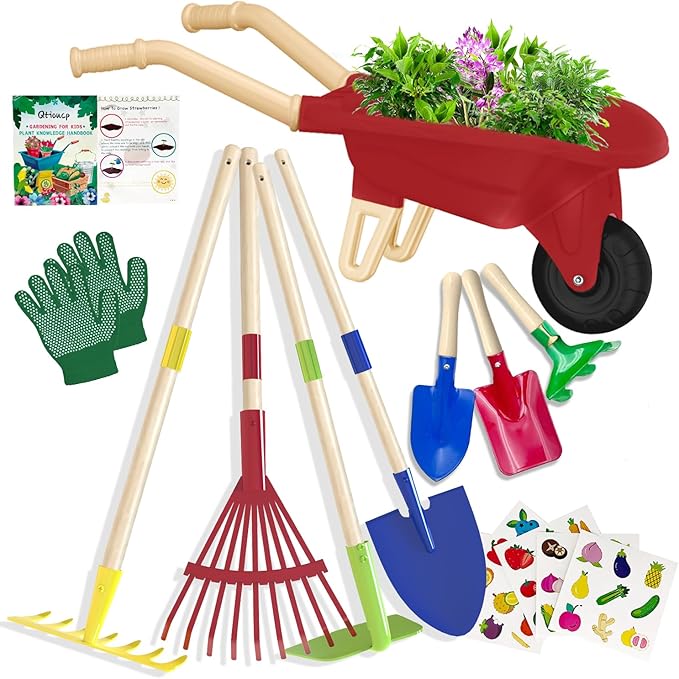 Qtioucp Kids Gardening Tools Outdoor Toys Set Backyard Play with Wheelbarrow Educational STEM Learning Pretend Toys Outdoor Indoor for Toddlers Kids Boys Girls (Red Wheelbarrow Set)