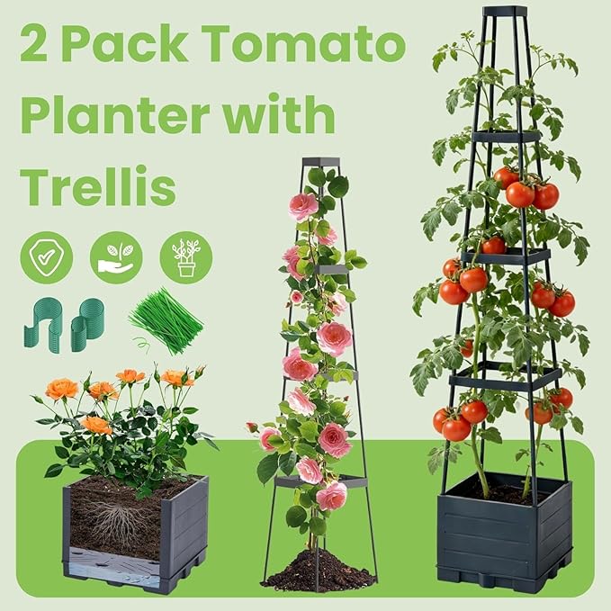 Lancisism 2 Pack Raised Garden Bed Tomato Planter with Trellis - 57" Self Watering Planter Box for Climbing Plants Vegetables Flowers - Garden Tomato Pots with Cage for Patio Greenhouse Indoor Outdoor