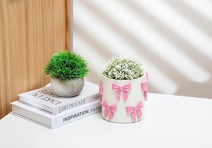Stylor Pink Bow Planter - Coquette Bow Room Decor for Teen Girls, Decorative Cute Flower Pot with Drainage Hole, Resin Planters for Indoor Plants, Girly Gardening Pot for Home Aesthetic