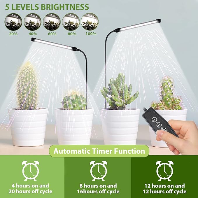 Grow Light for Indoor Plants Growing, 6000K Full Spectrum Gooseneck Plant Lamp for Seedings Succulents Small Plants, Auto On/Off Timing & 5 Dimming, 4 Pack