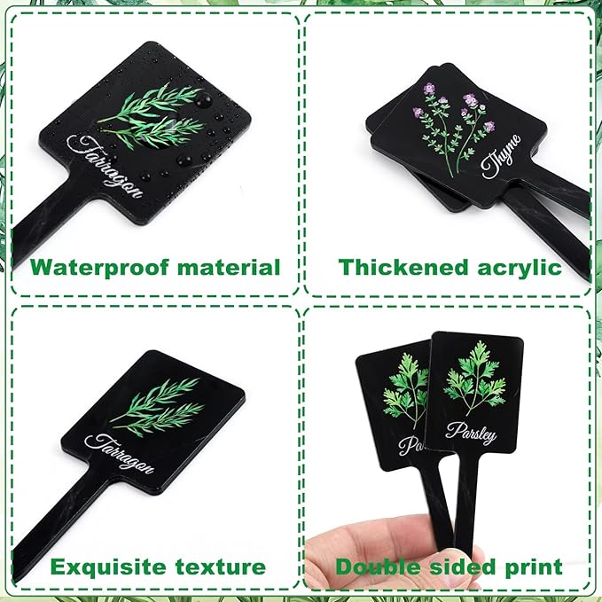 UPINS 24Pcs Acrylic Garden Herb Signs,Herb Garden Plant Labels Markers for Outdoors Black Waterproof Tags Signs with Printed Name for Indoor Outdoor Gardens Plants Potted