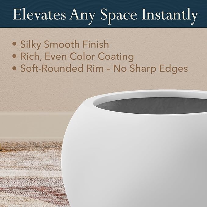 KUTE NEST 12.8" H x 16" D Premium Globo Fiberstone Round Planter - Smooth Finishes, Weather Resistant for Indoor & Outdoor Use, Included 2 Extra Coco Mats (Light Gray, 10.7" Pot Opening)