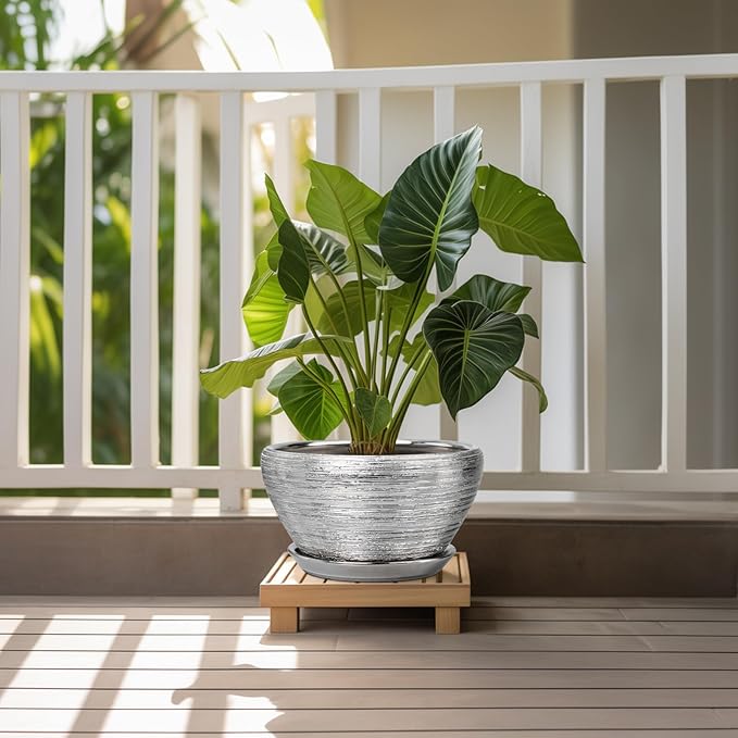 Ceramicfor Flower Pot for Indoor Plants - Ceramic Planter 11 Inch Plant Pot with Drainage Hole and Saucer Large Decorative Planter Outdoor Mid-Century Planter for House Decor Silver