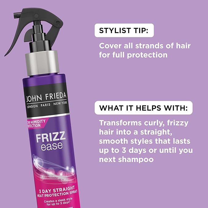 John Frieda Frizz Ease 3 Day Straight Heat Protection Spray, Keeps Hair Straight and Frizz-Free for 3 Days, Keratin-Infused Flat Iron & Styling Spray for a Smooth, Sleek Finish, 3.5 Oz, Pack of 2