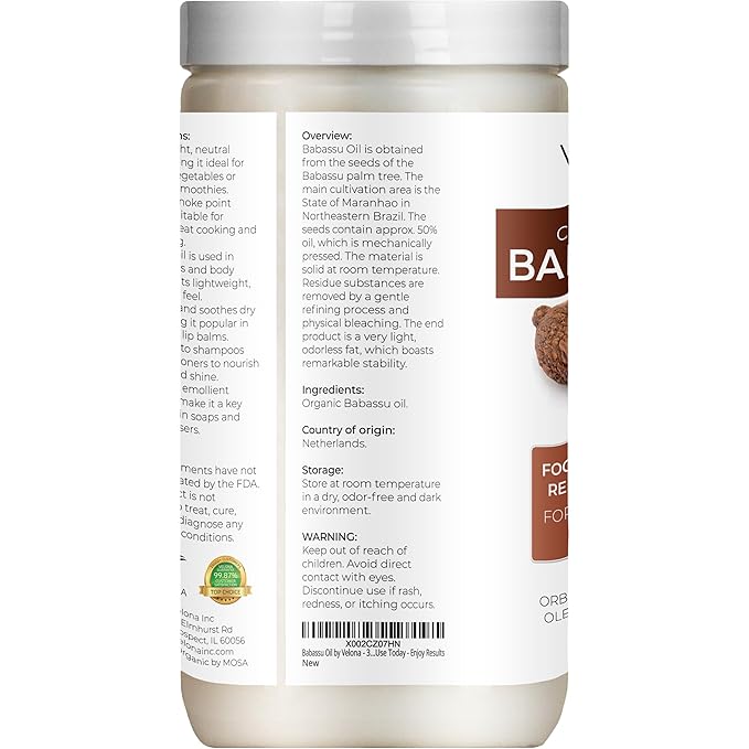 velona Babassu Oil USDA Certified Organic - 32 Fl Oz | 100% Pure and Natural Carrier Oil | Refined, Cold Pressed | Face, Hair, Body & Skin Care and Cooking | Use Today - Enjoy Results