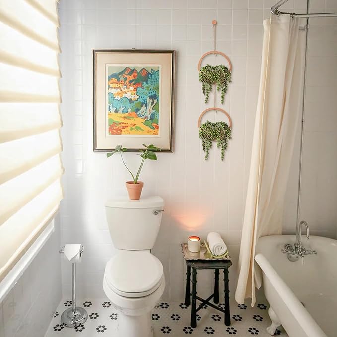 JUSTOYOU 2pcs Fake Hanging Plants Artificial Succulents Wooden Hanging Planter Artificial String of Pearls with Pot and Lanyard for Living Room Bathroom Indoor Outdoor Boho Wall Decor