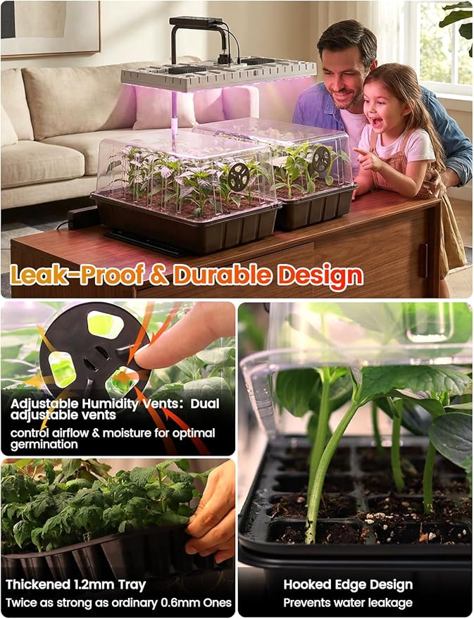 MetryGrow 48W Full Spectrum LED Grow Light Seed Starter Kit, 80-Cell Tray with 30W Heating Mat & Adjustable Dome, Waterproof Germination System for Healthy Indoor Seedlings