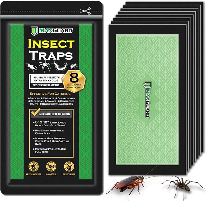 MaxGuard Extra Large Insect Traps (8 Traps) | Non-Toxic Extra Sticky Pre-Baited Glue Board, Trap & Kill Most Crawling Insects, Bugs, Spiders, Crickets, Scorpions, Cockroaches, Centipedes, Snakes.