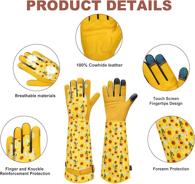 DLY Gardening Gloves for Women, Rose Gloves Gardening Thorn Proof, Long Garden Gloves for Women, Breathable Cowhide Leather Gauntlet (Large, Yellow