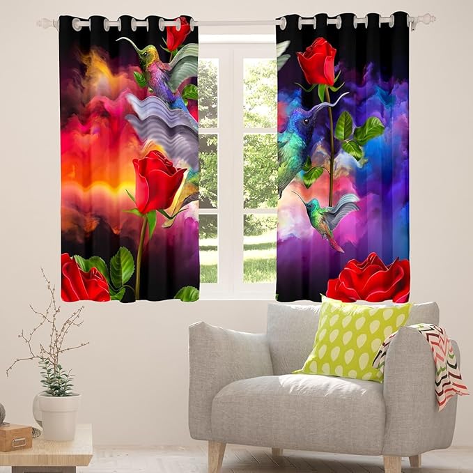3D Hummingbird Curtains & Drapes,Wild Tropical Birds Jungle Animals Window Treatments,Red Rose Flowers Blackout Curtains,Rainbow Misty Galaxy Window Curtains Purple Blue Orange 2 Panels 38"Wx45"L