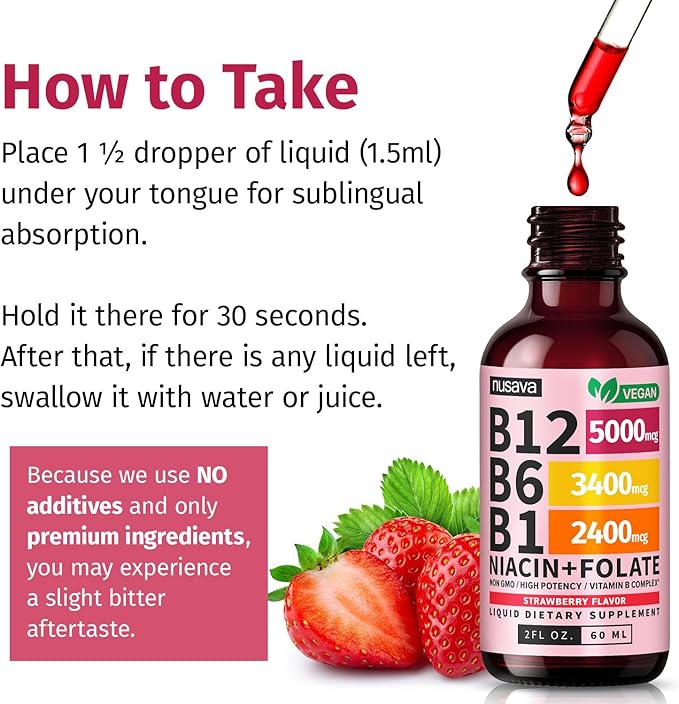 (4 Pack) Vitamin B12 and B6 Liquid Drops, B12 Sublingual Vitamin B Complex - B 12 Vitamin 5000mcg - B12 Methylcobalamin for Energy, Brain, and Heart Support with 27,200 mcg, Strawberry, 80 Servings