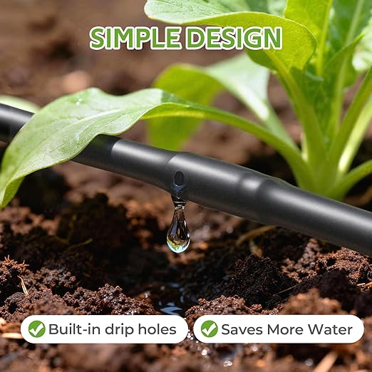 HIRALIY 1/4" Drip Irrigation Tubing Kit, 100FT Dripline with 6" Emitter Spacing, Built-in 0.5 GPH Drippers, 6mm 33FT Watering Hose with 2-Way Connector for Garden, Landscape & Greenhouse