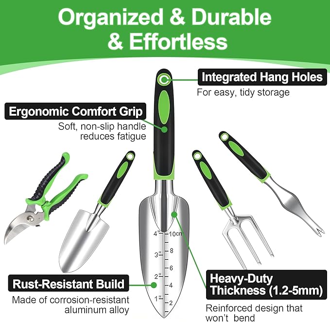 Garden Tools Set - Rust-Proof Aluminum Gardening Tools Set with Organizer Handbag, Durable Garden Tool Set - Gardening Gifts for Women and Men