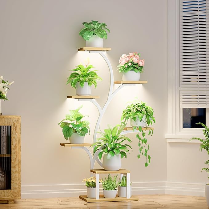 BACEKOLL Plant Stand Indoor with Grow Lights, 7 Tiered Indoor Plant Shelf, 49" Corner Plant Stands for Indoor Plants, Metal Plant Flower Display Shelf, Tree-Shaped Plant Rack for Home, Patio, Natural