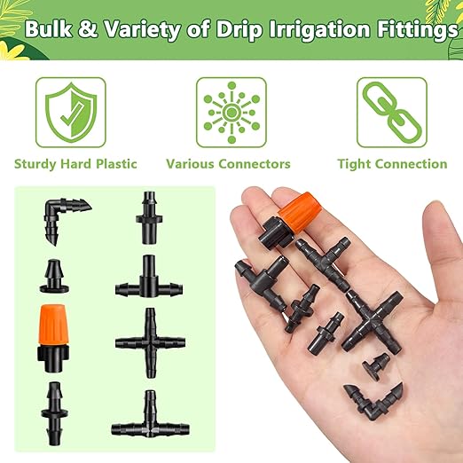 280 Pcs Barbed Connectors Irrigation Fittings Kit, Drip Irrigation Barbed Parts 1/4'' Tubing Kit for Garden Lawn (Nozzles, Nozzle Tees, Single Barbs, Couplings, Tees, Elbows, Plugs, Crosses)