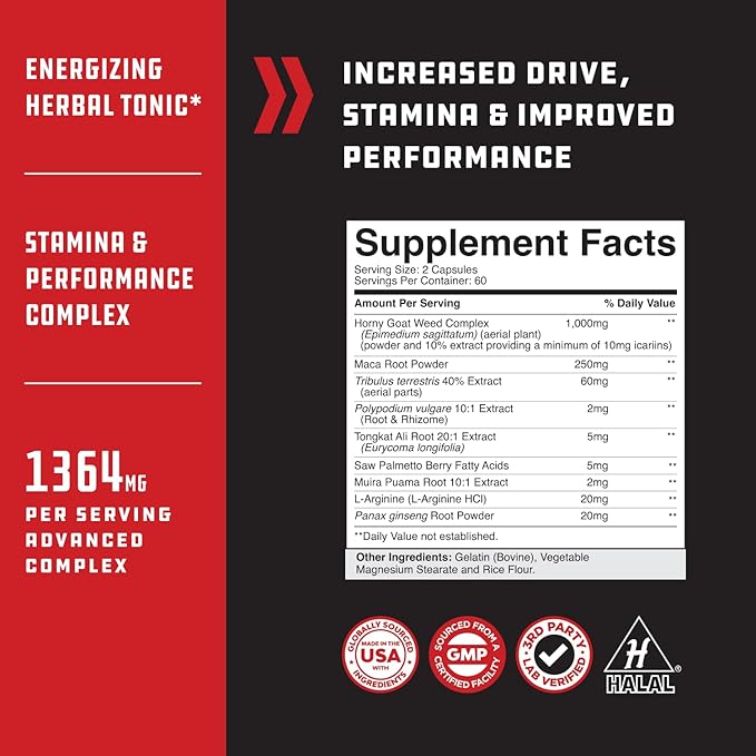 Extra Strength Testosterone Booster for Men - Herbal Testosterone Supplement for Men with Horny Goat Weed Maca Root Tongkat Ali and Saw Palmetto Extract for Muscle Enlargement Stamina & Strength 120Ct
