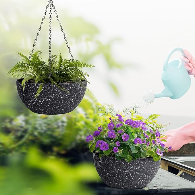 WSMKSZ 13 inch Large Hanging Planters Plant Pots for Outdoor Indoor Plants with Drainage Holes and Chain, 2 Pack Round Hanging Flower Pots for Garden Home Porch Decor, Speckled Black