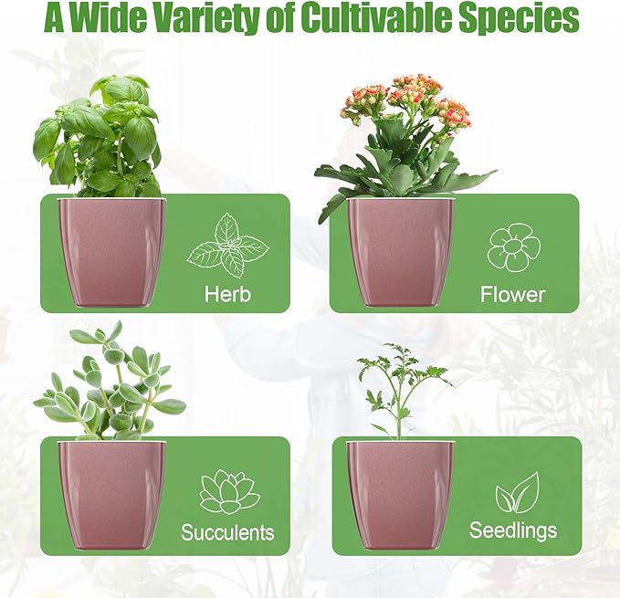 Oliz 8 Pack Self Watering Pots 4-inch Decorative Flower Planters for Indoor Plants Modern Square planters for Small Plants Window Sill Planters for Succulents, African Violets, Herbs(Rose Gold)