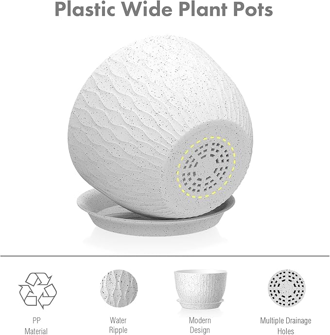 Meowell 12/10/9 inch Large Flower Pots, 3 Set Big Plant Pots for Outdoor Indoor Plants with Water Ripples, Wide Plastic Planters with Drainage Holes and Saucers for Garden House Plants, Speckled White