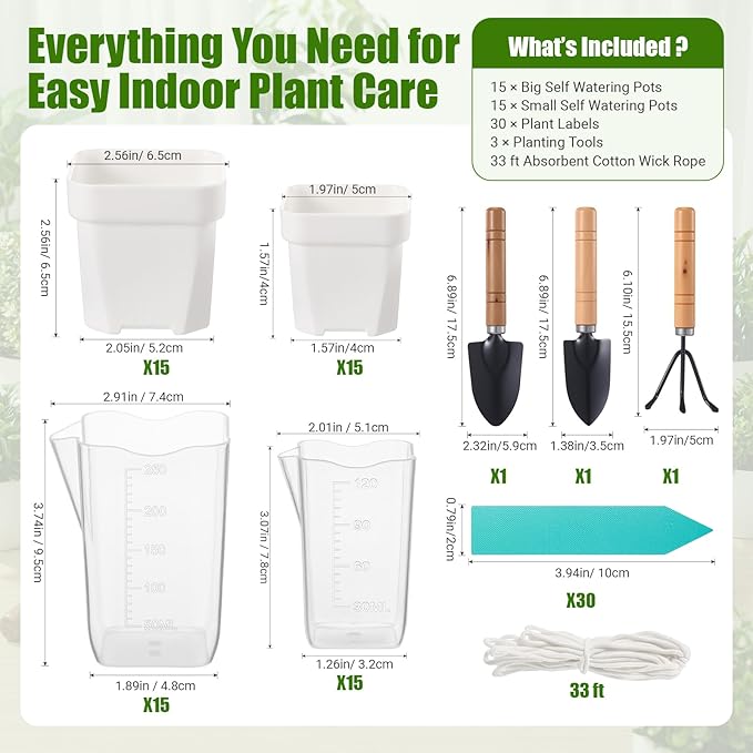 30 Pack 2" 2.5" Small Self Watering Pots for Indoor Plants Clear Mini Self Watering Plant Pot with Water Level Drainage Holes 30 Plastic Label 3 Planting Tools Rope for Propagation Succulent
