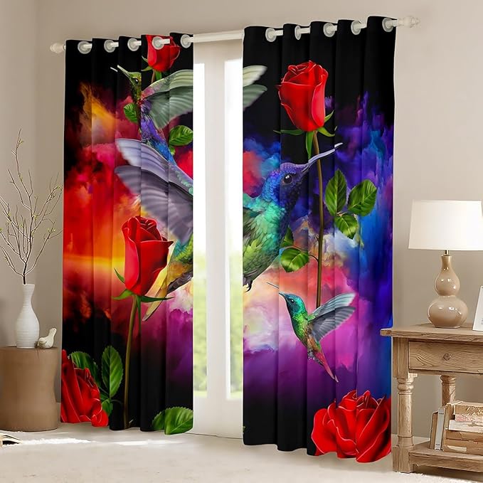 3D Hummingbird Curtains & Drapes,Wild Tropical Birds Jungle Animals Window Treatments 2 Panels 42"Wx63"L,Romantic Red Rose Blackout Curtains,Watercolor Misty Galaxy Window Curtains Purple Blue Orange