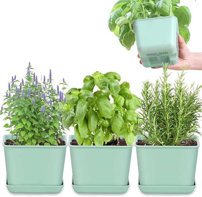 Oliz Herb Garden Planter Indoor Kit Pots for Indoor/Outdoor Plants 4 Packs Windowsill Plant Pots with Drainage and Tray, Window Pot for Indoor Plants (Green)