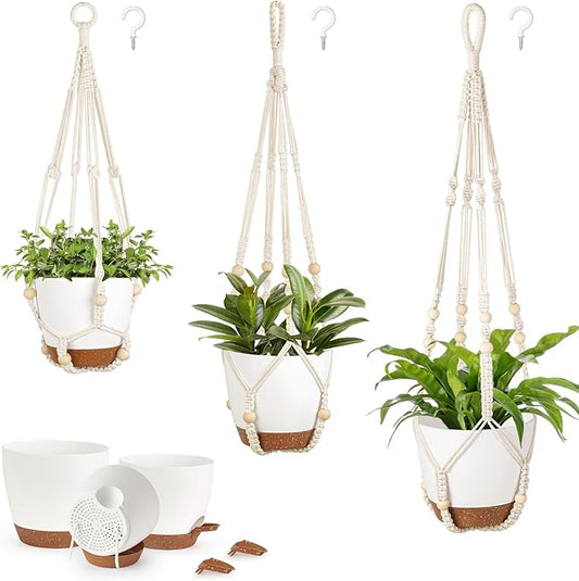 Mkono 3 Pack Hanging Planters for Indoor Plants with Self Watering, Outdoor Hanging Plant Pots with 35"/29"/23" Macrame Plant Hangers, 2 Types of Hanging Baskets for Garden Home Decor