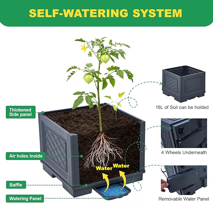 Raised Garden Bed, Tomato Cages for Garden, Tomato Cage, Raised Garden Beds Outdoor, Planter Box with Trellis, 44.8" Self-Watering Tomato Planter for Climbing Plants Vegetables Flowers(With Wheels)