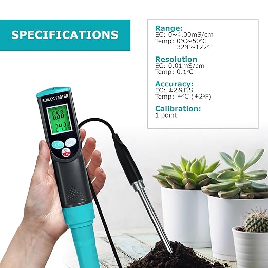 Digital Soil EC Meter 2-in-1 Porfessional Plants EC Temperature Tester Meter with Corded Sensor, Backlight LCD Display, Temperature Compensation, Easy Calibration for Soil Plants Lawn Nutrient Test
